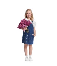 Photo of Little girl with bouquet of lilac flowers on white background
