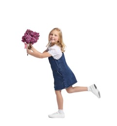 Photo of Little girl with bouquet of lilac flowers on white background