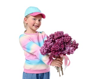 Photo of Little girl with bouquet of lilac flowers on white background