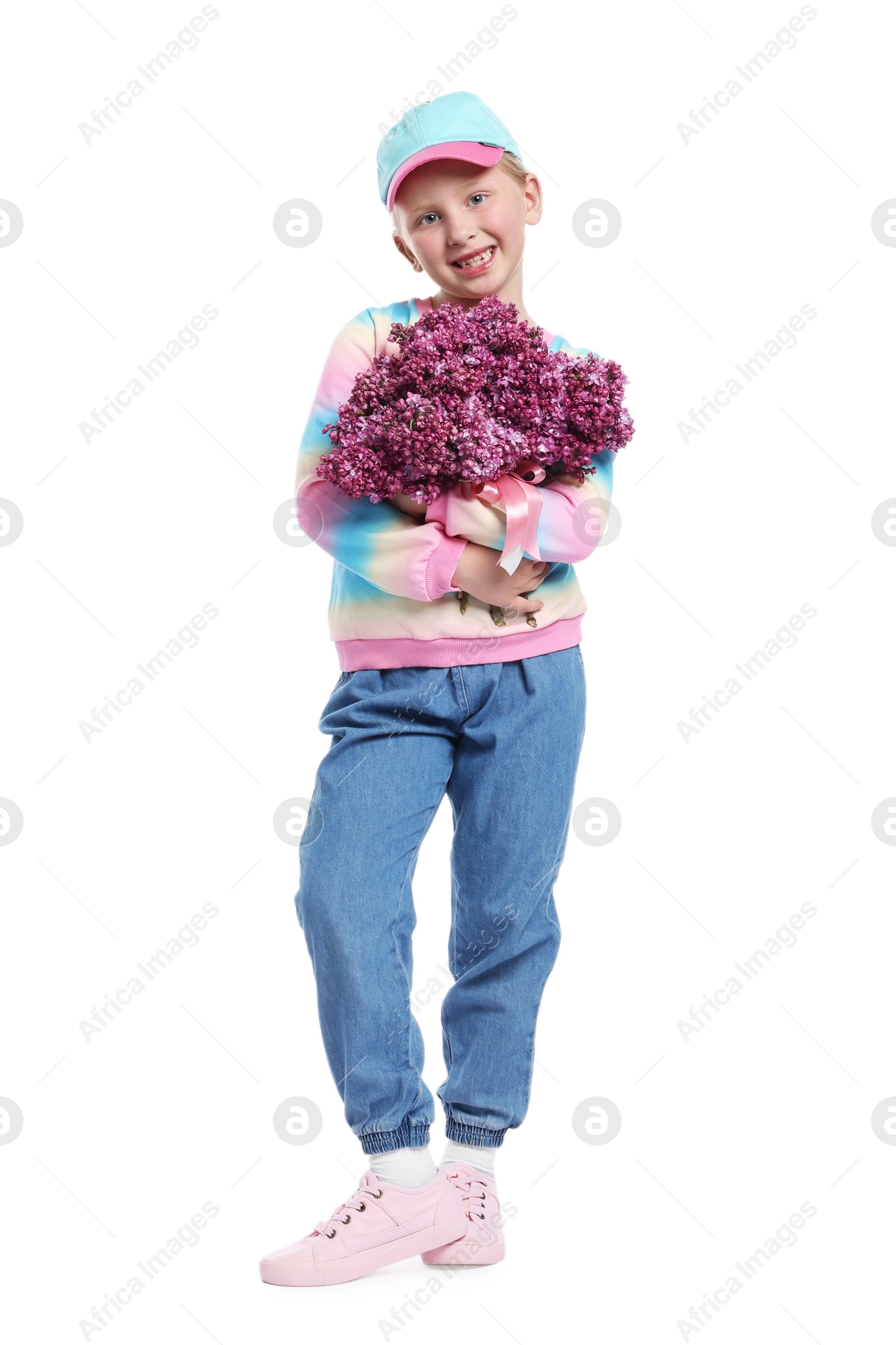 Little girl with bouquet of lilac flowers on white background Photo of Little girl with bouquet of lilac flowers on white background