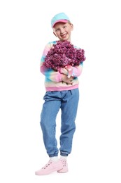Photo of Little girl with bouquet of lilac flowers on white background