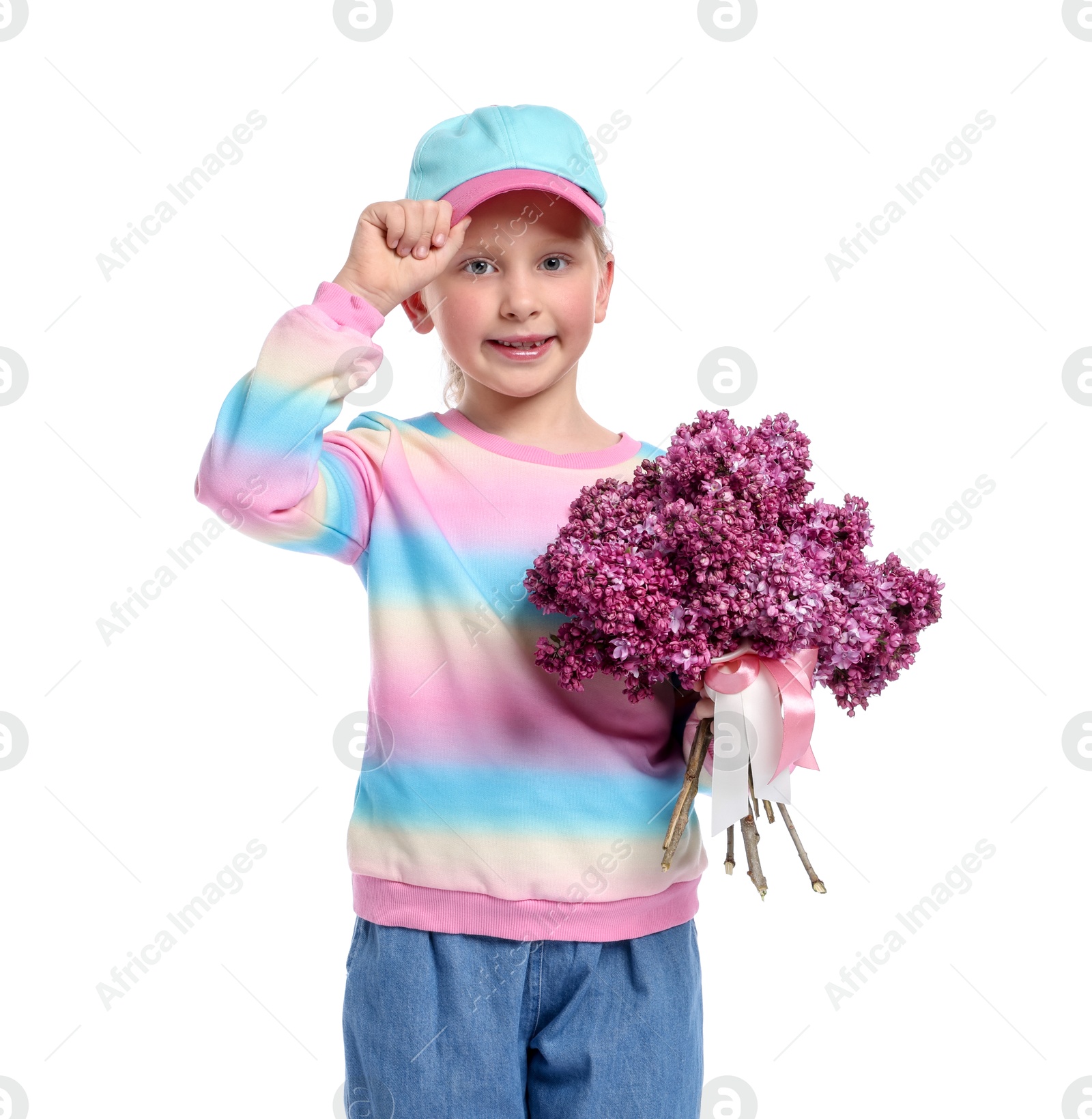 Little girl with bouquet of lilac flowers on white background Photo of Little girl with bouquet of lilac flowers on white background