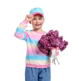 Photo of Little girl with bouquet of lilac flowers on white background