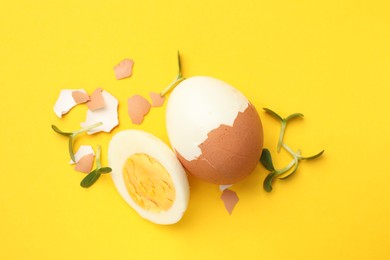 Photo of Hard boiled eggs with microgreens on yellow background, flat lay
