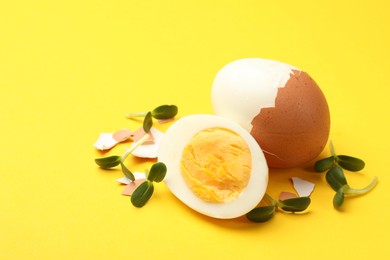 Photo of Hard boiled eggs with microgreens on yellow background, closeup. Space for text