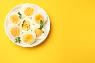 Photo of Halves of hard boiled eggs with microgreens on yellow background, top view. Space for text