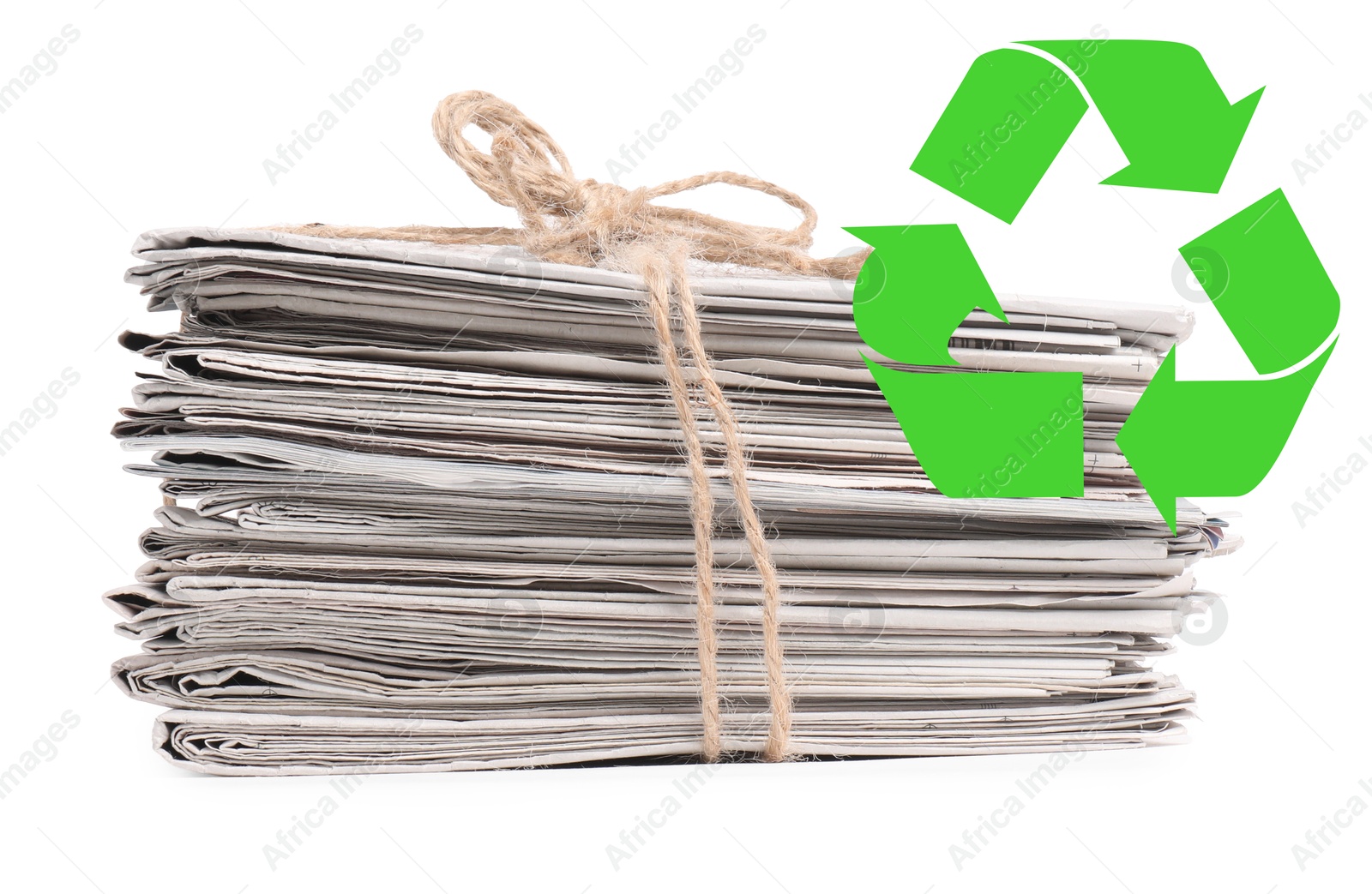 Recycling symbol and stack of tied newspapers on white background. Eco-friendly lifestyle, reusing Image of Recycling symbol and stack of tied newspapers on white background. Eco-friendly lifestyle, reusing