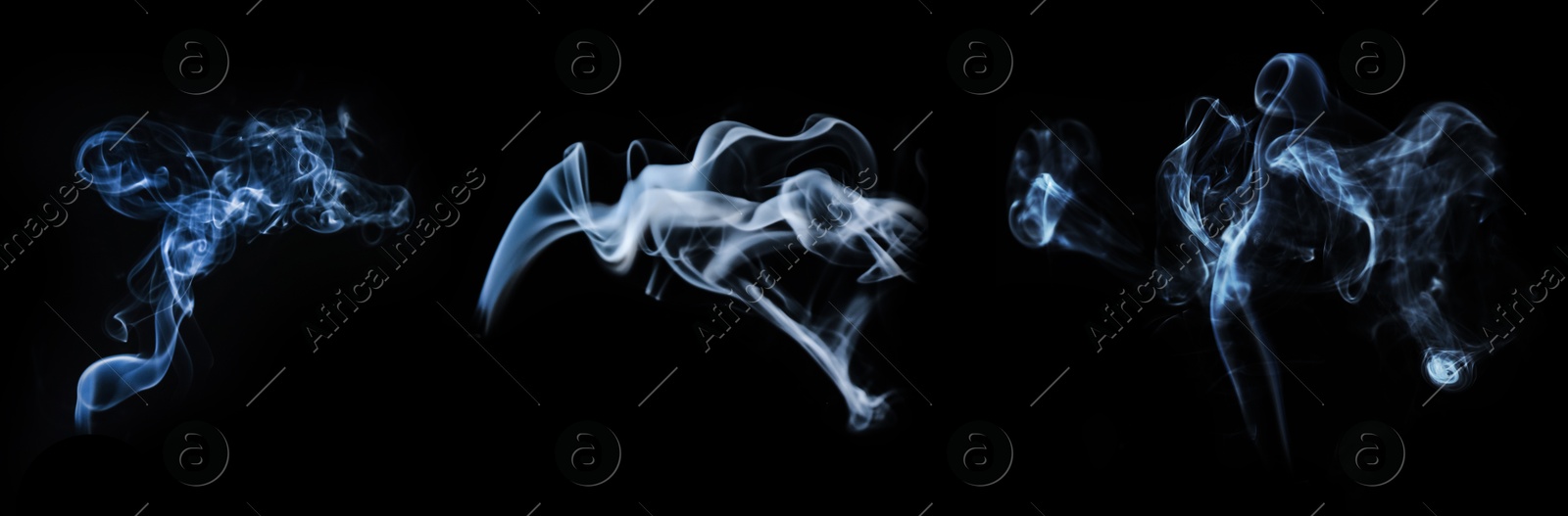 Smoke in air on black background, set. Banner design Image of Smoke in air on black background, set. Banner design