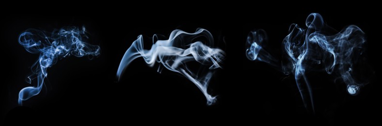 Image of Smoke in air on black background, set. Banner design