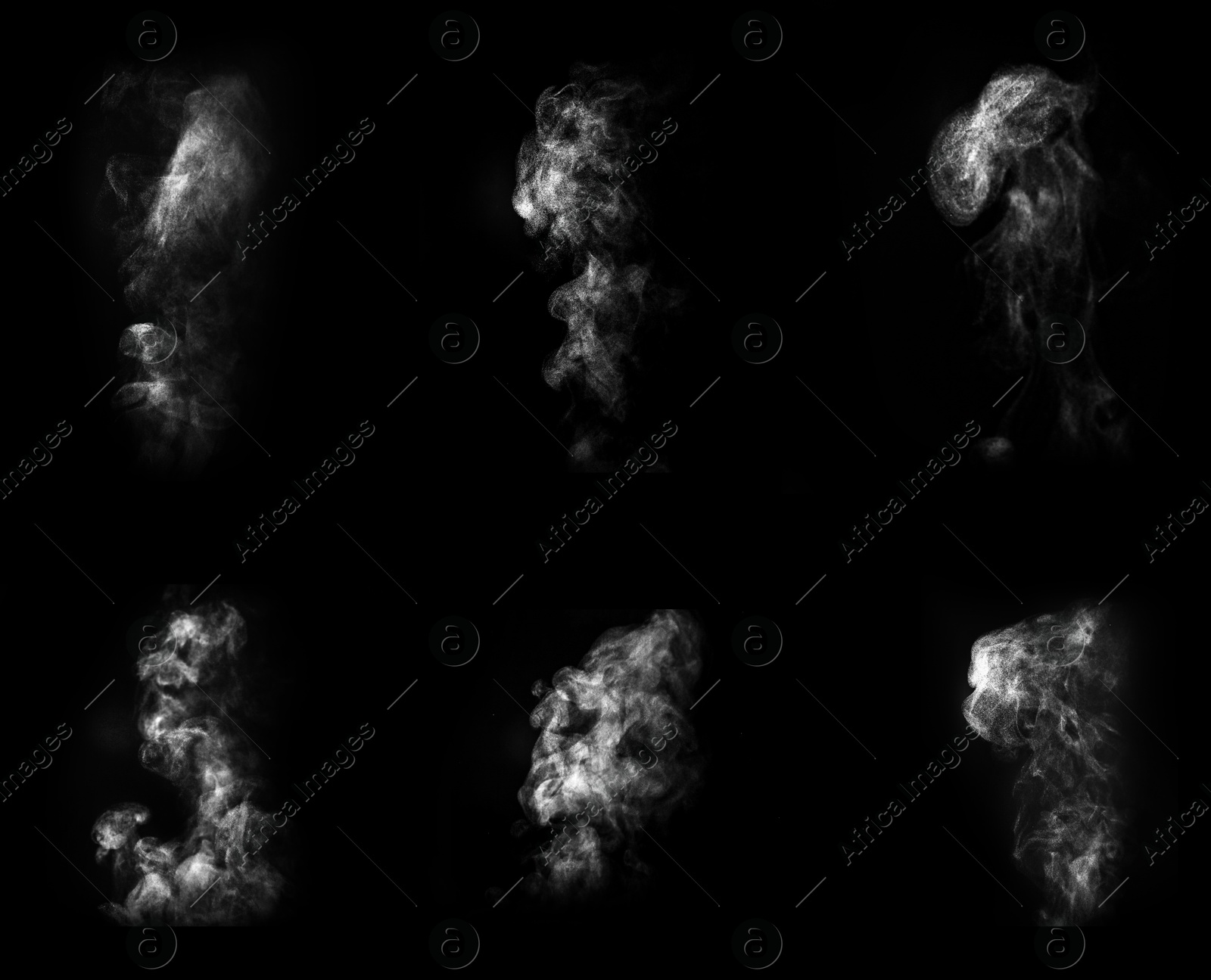 Smoke in air on black background, collage Image of Smoke in air on black background, collage