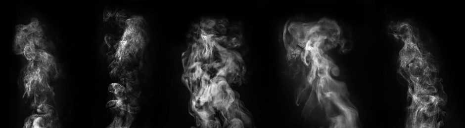Image of Smoke in air on black background, set. Banner design