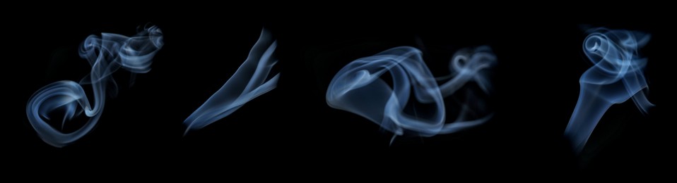 Image of Smoke in air on black background, set. Banner design