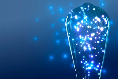 Illustration of Light bulb with pattern of connected dots on blue gradient background. Idea, creativity, innovation