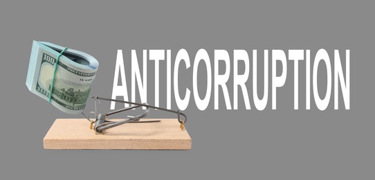 Image of Anti-Corruption. Dollar bills as bait on mousetrap against grey background. Banner design