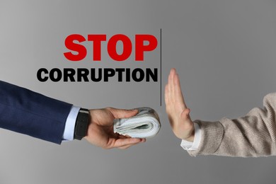 Image of Stop corruption. Woman refusing to take bribe on grey background, closeup