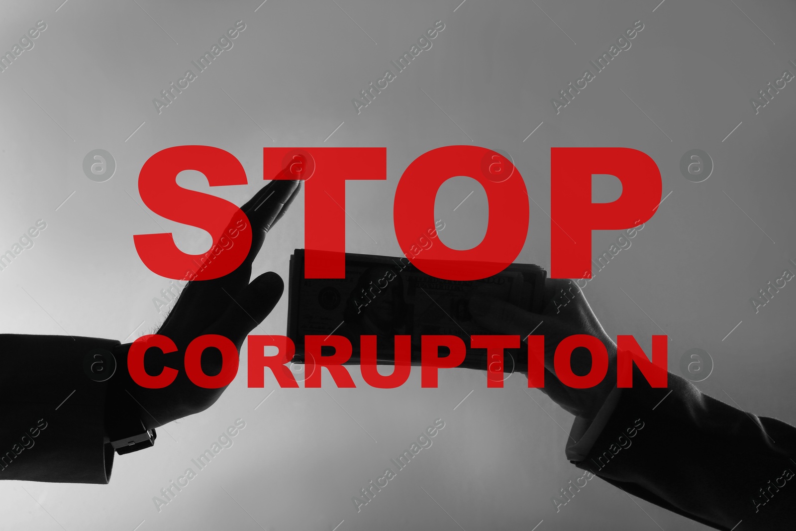 Stop corruption. Silhouettes of man refusing to take bribe from woman on grey background, closeup Image of Stop corruption. Silhouettes of man refusing to take bribe from woman on grey background, closeup