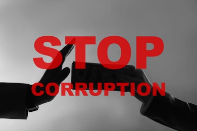 Image of Stop corruption. Silhouettes of man refusing to take bribe from woman on grey background, closeup