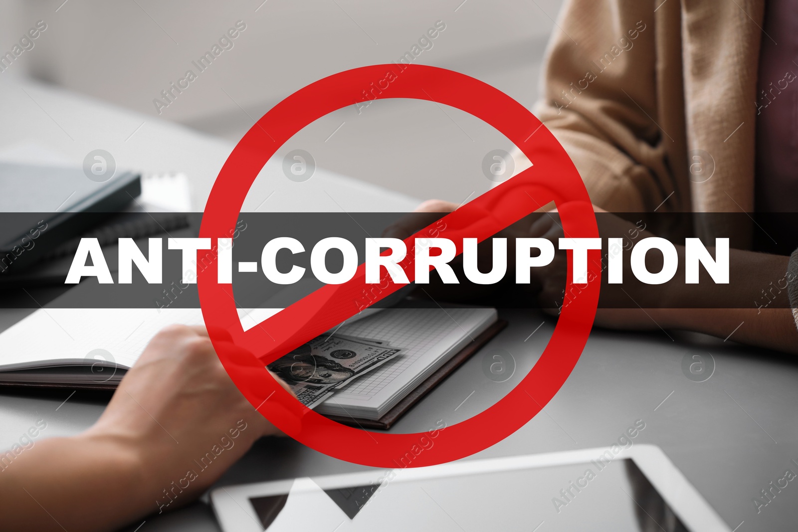 Anti-corruption. Man offering bribe money at table indoors, closeup. Red stop sign Image of Anti-corruption. Man offering bribe money at table indoors, closeup. Red stop sign