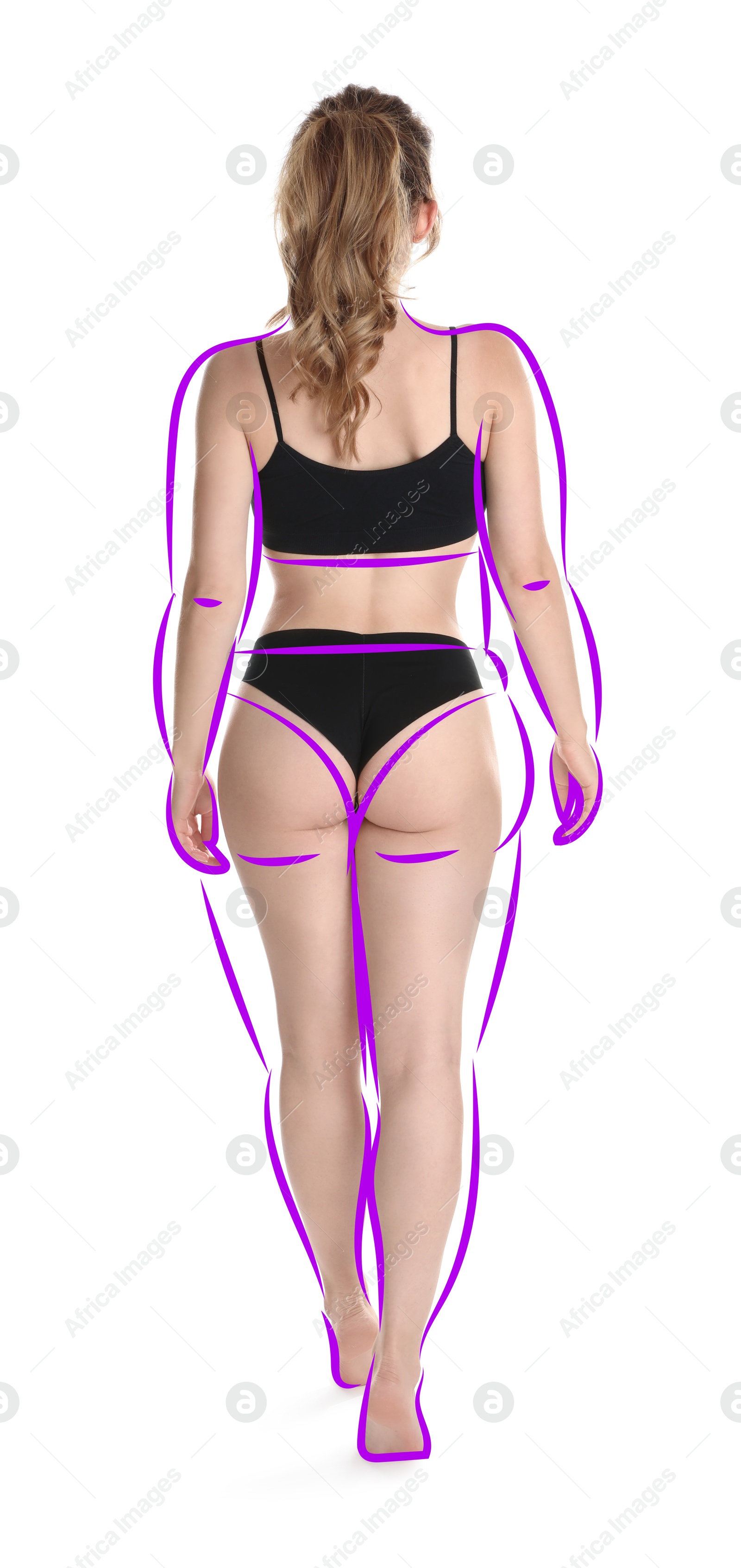 Beautiful woman with fit figure on white background. Lines around her body showing overweight shape before. Healthy lifestyle Image of Beautiful woman with fit figure on white background. Lines around her body showing overweight shape before. Healthy lifestyle