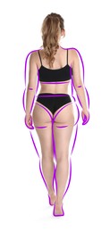 Image of Beautiful woman with fit figure on white background. Lines around her body showing overweight shape before. Healthy lifestyle