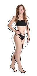 Image of Beautiful woman with fit figure on white background. Lines around her body showing overweight shape before. Healthy lifestyle
