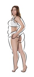 Image of Beautiful woman with fit figure on white background. Lines around her body showing overweight shape before. Healthy lifestyle