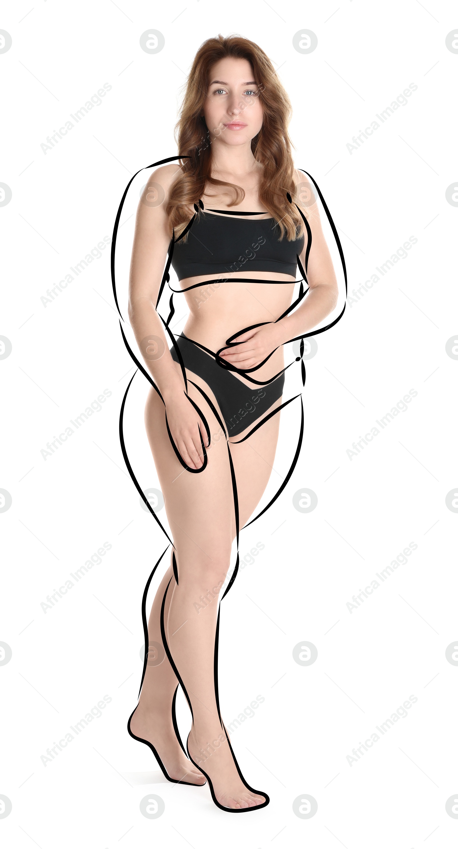 Beautiful woman with fit figure on white background. Lines around her body showing overweight shape before. Healthy lifestyle Image of Beautiful woman with fit figure on white background. Lines around her body showing overweight shape before. Healthy lifestyle