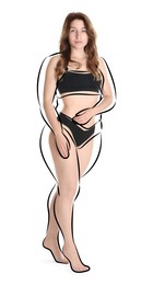 Image of Beautiful woman with fit figure on white background. Lines around her body showing overweight shape before. Healthy lifestyle