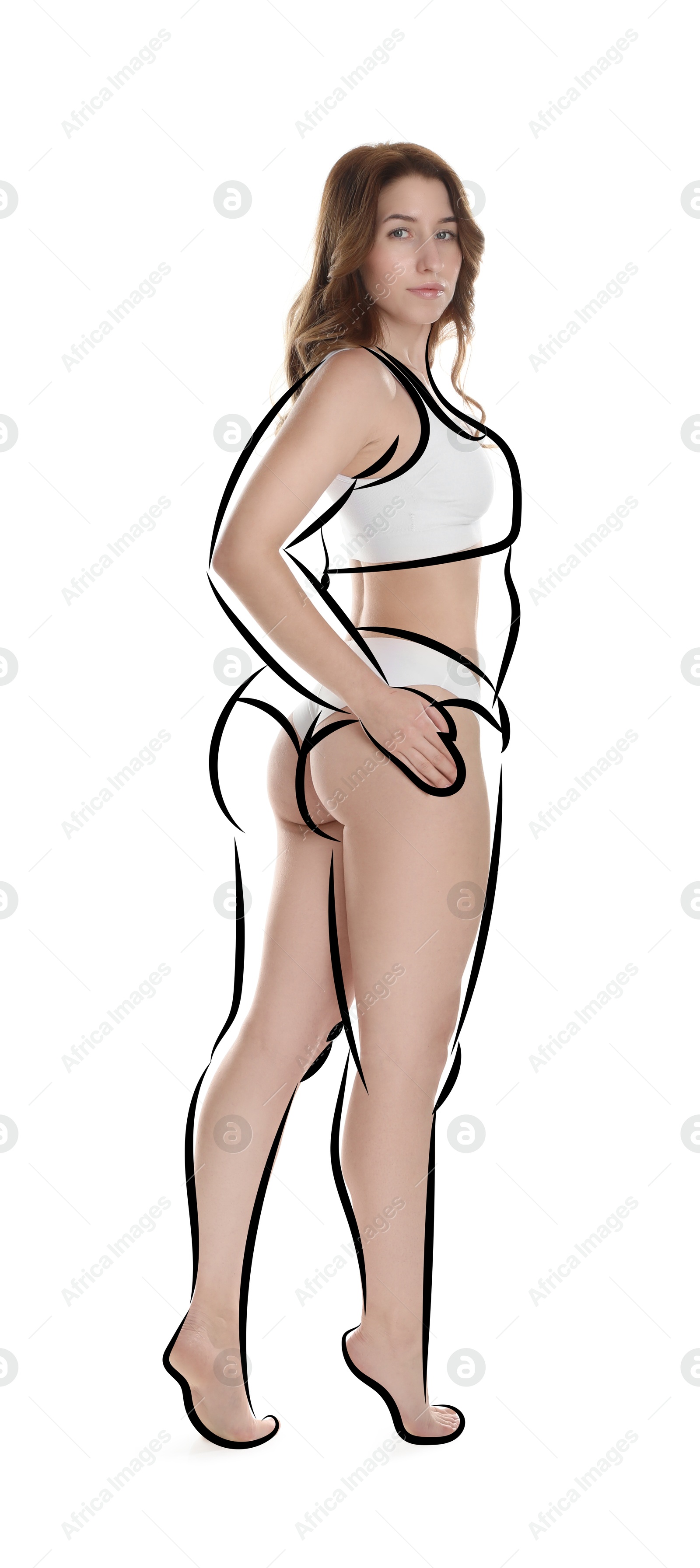 Beautiful woman with fit figure on white background. Lines around her body showing overweight shape before. Healthy lifestyle Image of Beautiful woman with fit figure on white background. Lines around her body showing overweight shape before. Healthy lifestyle