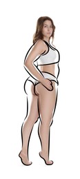 Image of Beautiful woman with fit figure on white background. Lines around her body showing overweight shape before. Healthy lifestyle