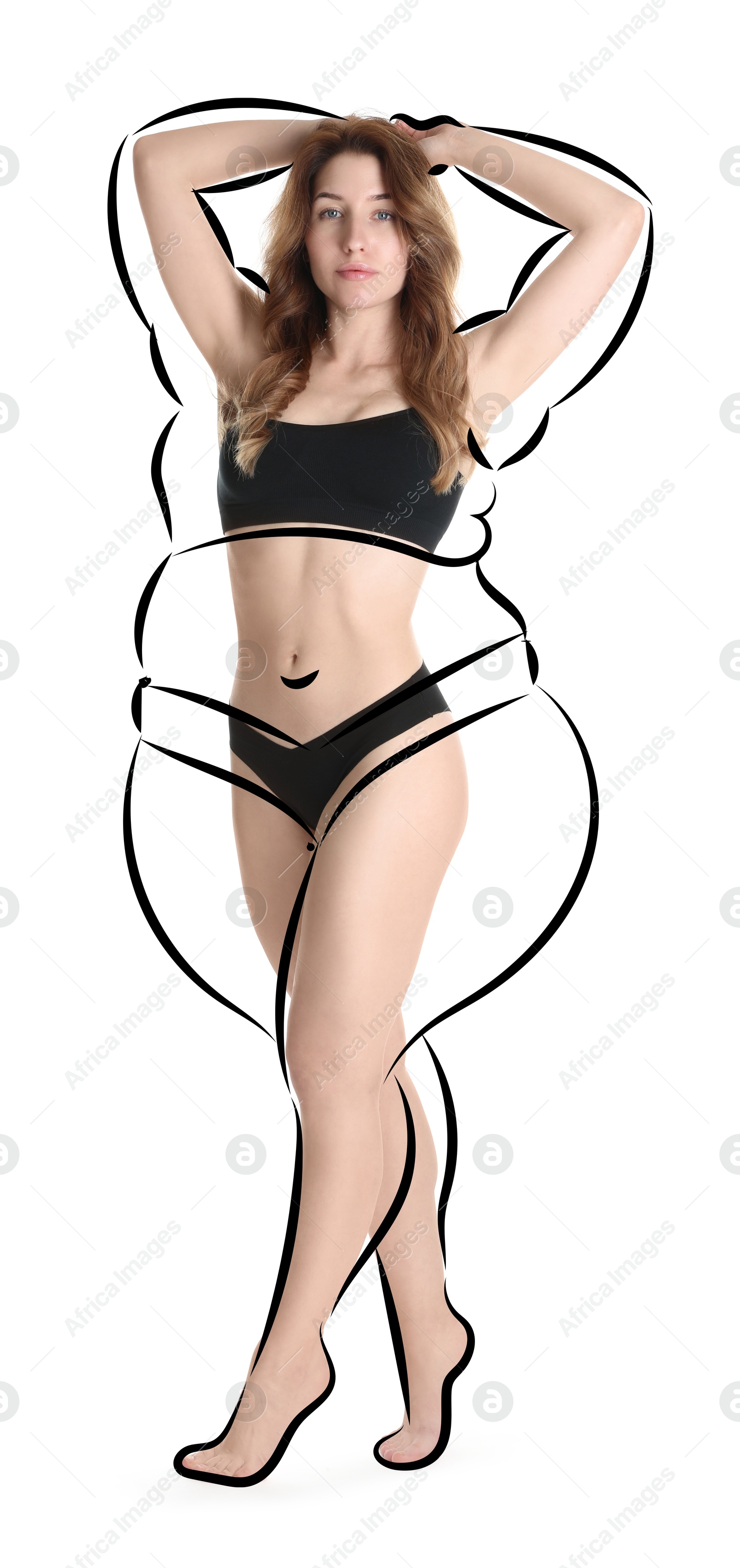 Beautiful woman with fit figure on white background. Lines around her body showing overweight shape before. Healthy lifestyle Image of Beautiful woman with fit figure on white background. Lines around her body showing overweight shape before. Healthy lifestyle