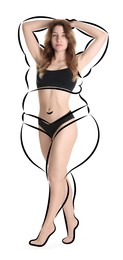 Image of Beautiful woman with fit figure on white background. Lines around her body showing overweight shape before. Healthy lifestyle