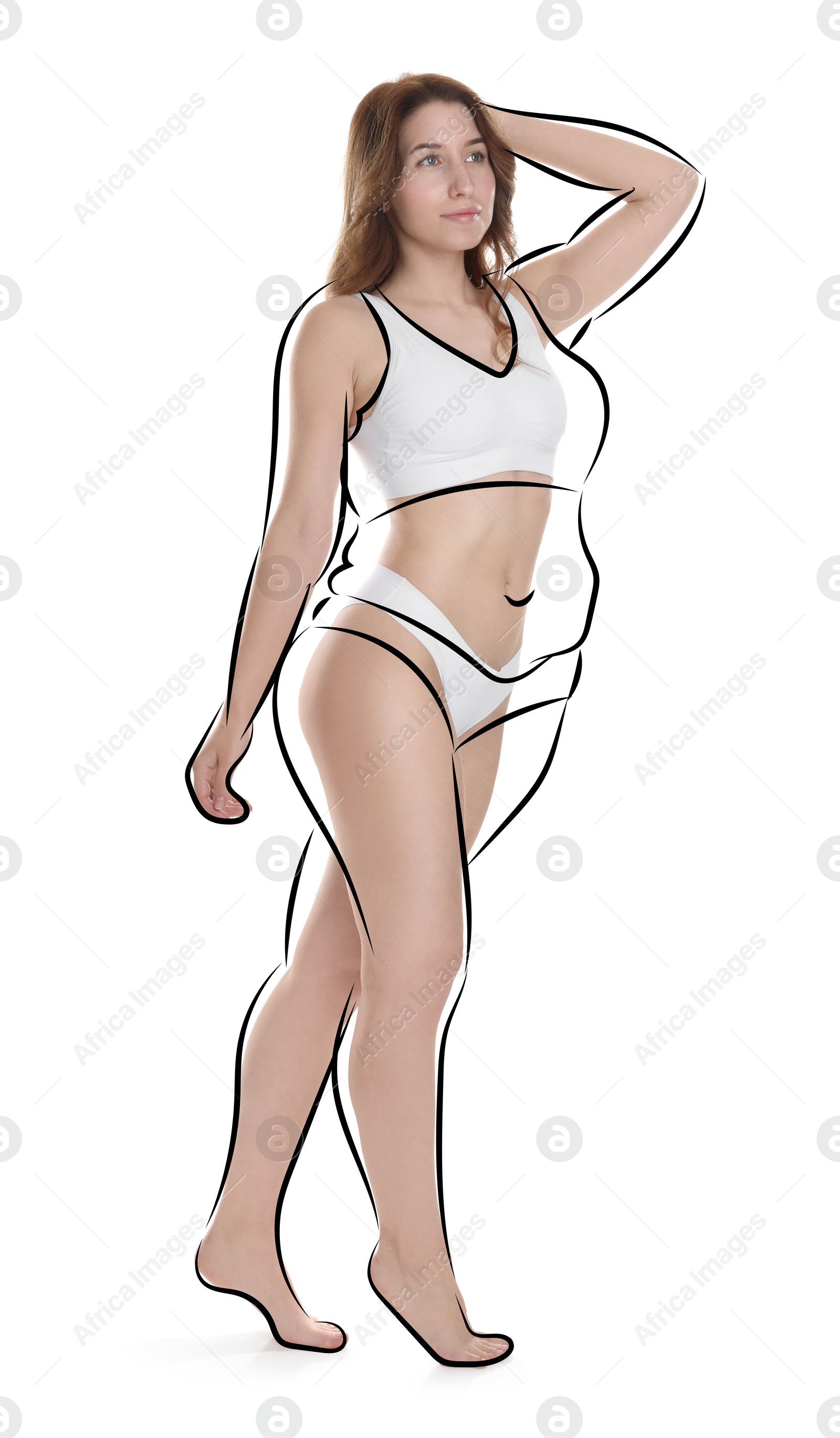 Beautiful woman with fit figure on white background. Lines around her body showing overweight shape before. Healthy lifestyle Image of Beautiful woman with fit figure on white background. Lines around her body showing overweight shape before. Healthy lifestyle