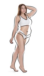 Image of Beautiful woman with fit figure on white background. Lines around her body showing overweight shape before. Healthy lifestyle