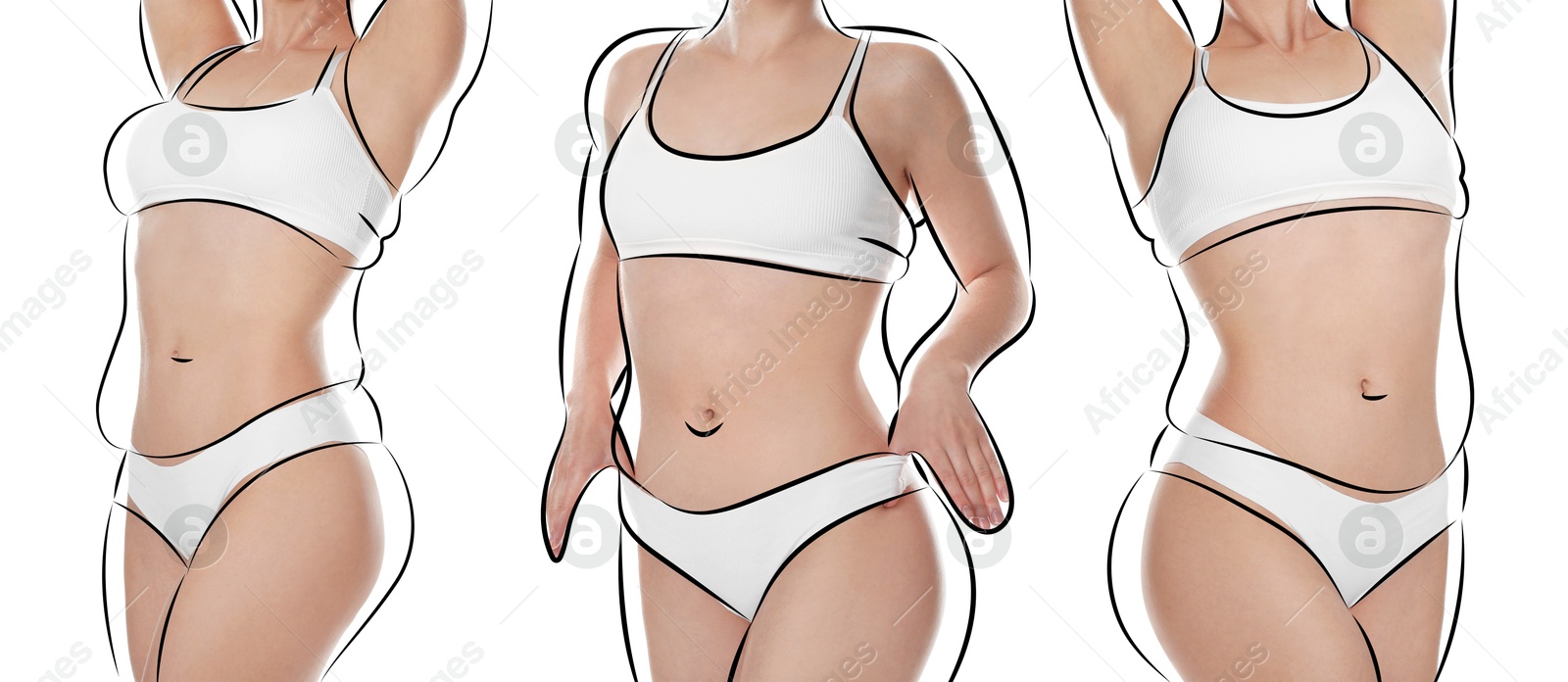 Beautiful woman with fit figure on white background, collage. Lines around her body showing overweight shape before. Healthy lifestyle Image of Beautiful woman with fit figure on white background, collage. Lines around her body showing overweight shape before. Healthy lifestyle