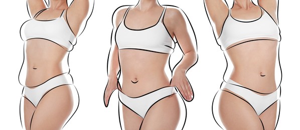 Image of Beautiful woman with fit figure on white background, collage. Lines around her body showing overweight shape before. Healthy lifestyle