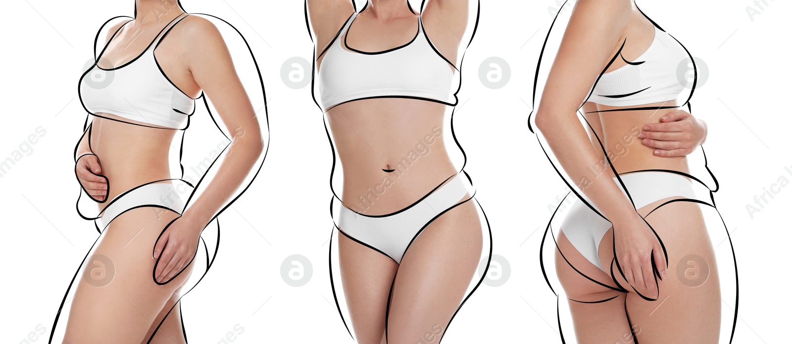 Beautiful woman with fit figure on white background, collage. Lines around her body showing overweight shape before. Healthy lifestyle Image of Beautiful woman with fit figure on white background, collage. Lines around her body showing overweight shape before. Healthy lifestyle