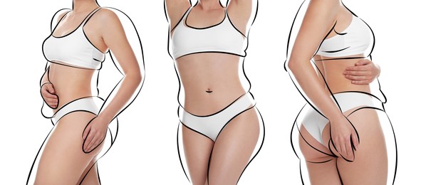 Image of Beautiful woman with fit figure on white background, collage. Lines around her body showing overweight shape before. Healthy lifestyle