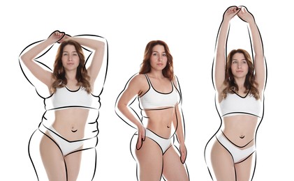 Image of Beautiful woman with fit figure on white background, collage. Lines around her body showing overweight shape before. Healthy lifestyle