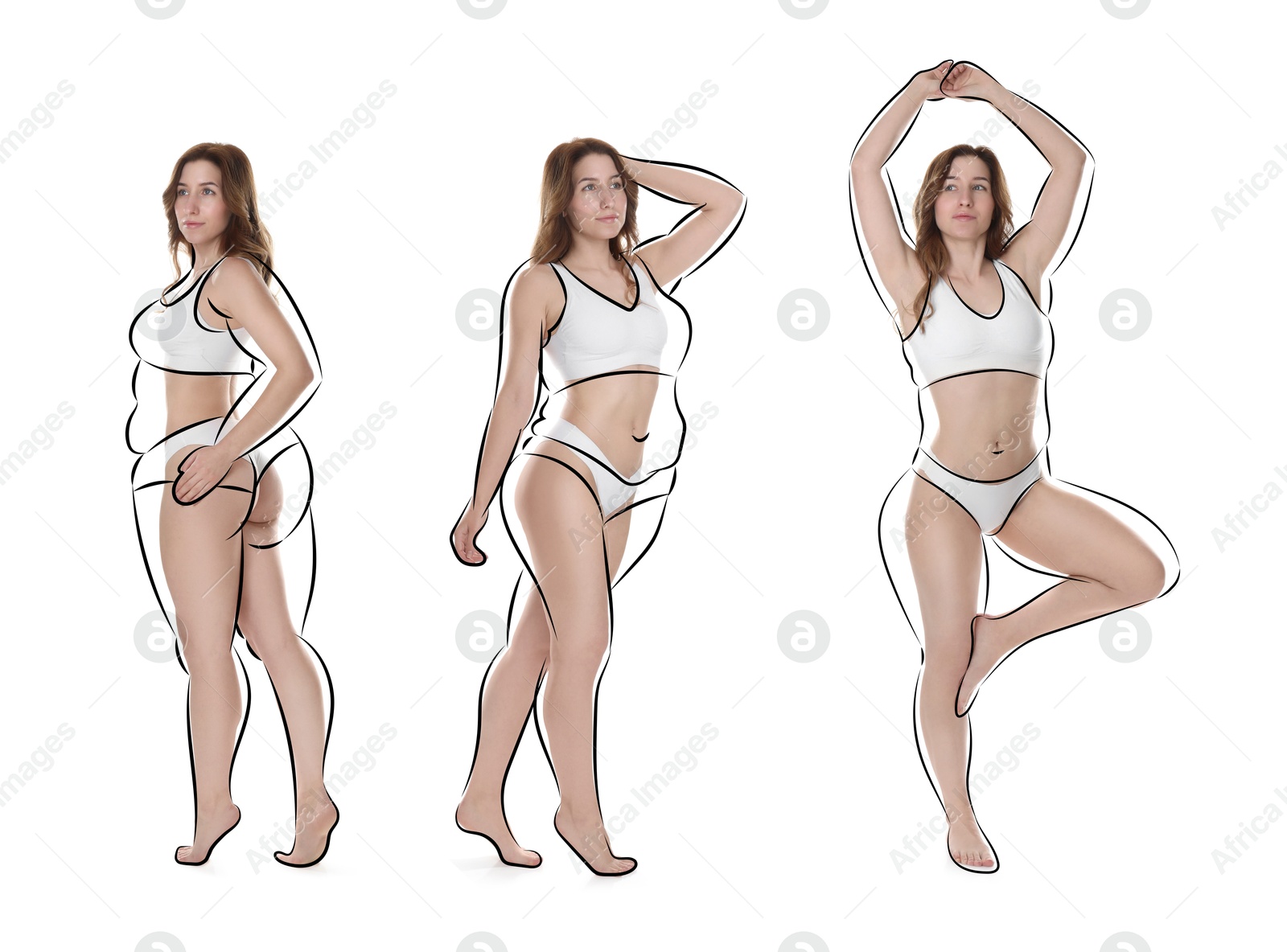 Beautiful woman with fit figure on white background, collage. Lines around her body showing overweight shape before. Healthy lifestyle Image of Beautiful woman with fit figure on white background, collage. Lines around her body showing overweight shape before. Healthy lifestyle