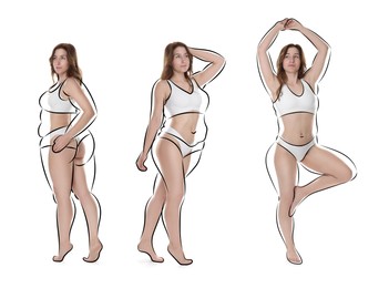 Image of Beautiful woman with fit figure on white background, collage. Lines around her body showing overweight shape before. Healthy lifestyle