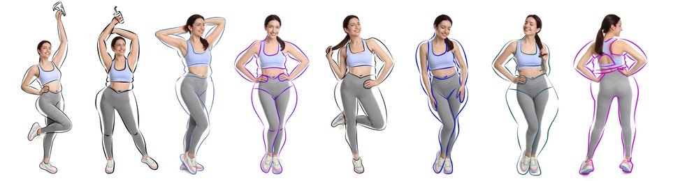 Image of Beautiful woman with fit figure on white background, collage. Lines around her body showing overweight shape before. Healthy lifestyle