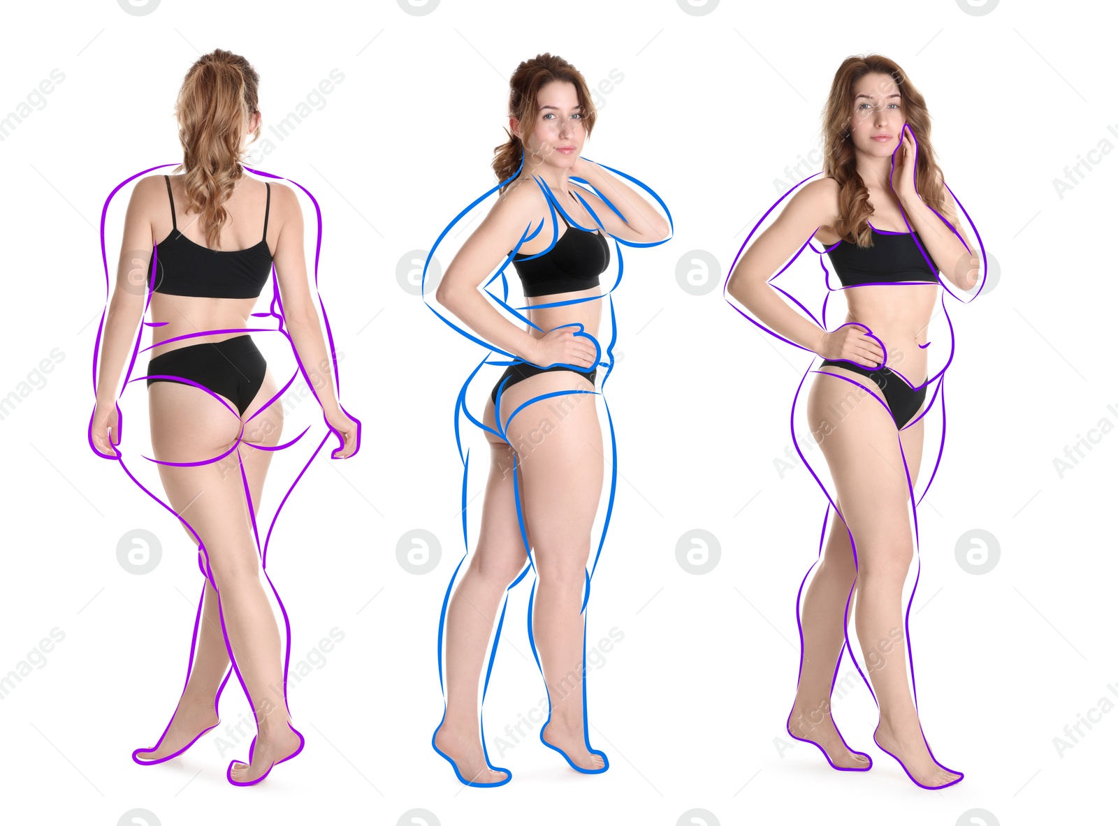 Beautiful woman with fit figure on white background, collage. Lines around her body showing overweight shape before. Healthy lifestyle Image of Beautiful woman with fit figure on white background, collage. Lines around her body showing overweight shape before. Healthy lifestyle