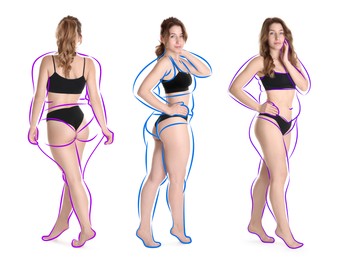 Image of Beautiful woman with fit figure on white background, collage. Lines around her body showing overweight shape before. Healthy lifestyle