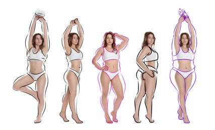 Image of Beautiful woman with fit figure on white background, collage. Lines around her body showing overweight shape before. Healthy lifestyle