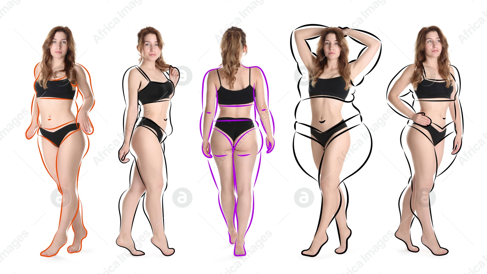 Beautiful woman with fit figure on white background, collage. Lines around her body showing overweight shape before. Healthy lifestyle Image of Beautiful woman with fit figure on white background, collage. Lines around her body showing overweight shape before. Healthy lifestyle