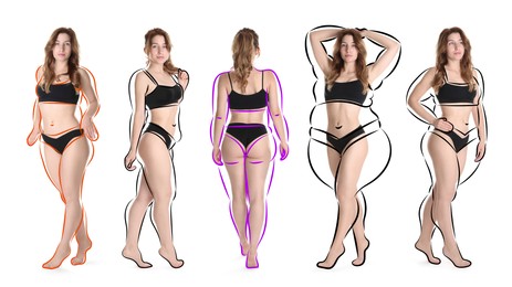 Image of Beautiful woman with fit figure on white background, collage. Lines around her body showing overweight shape before. Healthy lifestyle