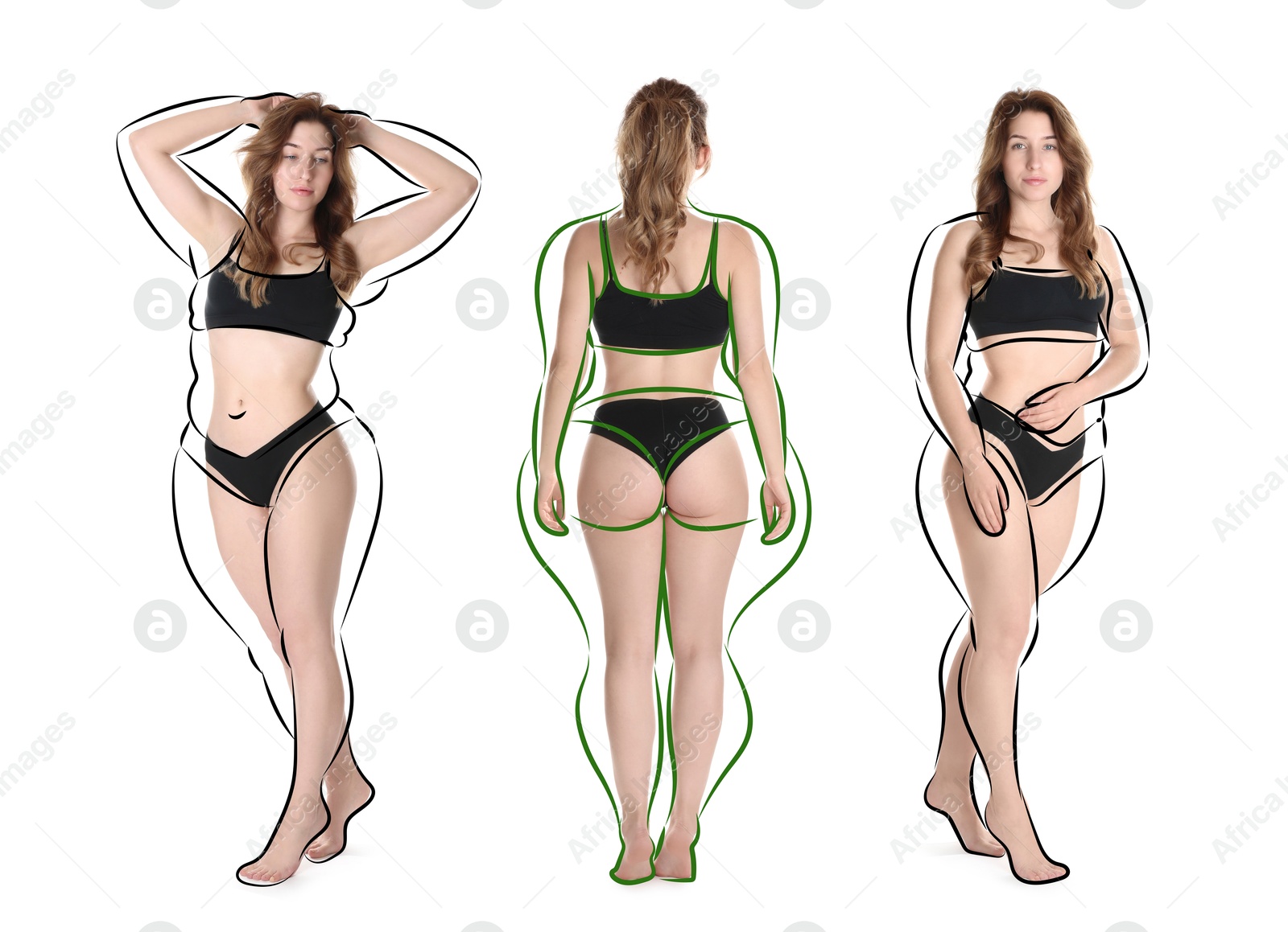Beautiful woman with fit figure on white background, collage. Lines around her body showing overweight shape before. Healthy lifestyle Image of Beautiful woman with fit figure on white background, collage. Lines around her body showing overweight shape before. Healthy lifestyle
