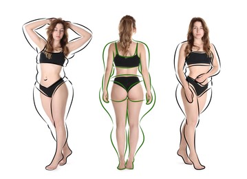 Image of Beautiful woman with fit figure on white background, collage. Lines around her body showing overweight shape before. Healthy lifestyle