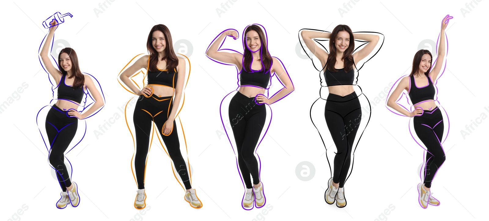 Beautiful woman with fit figure on white background, collage. Lines around her body showing overweight shape before. Healthy lifestyle Image of Beautiful woman with fit figure on white background, collage. Lines around her body showing overweight shape before. Healthy lifestyle